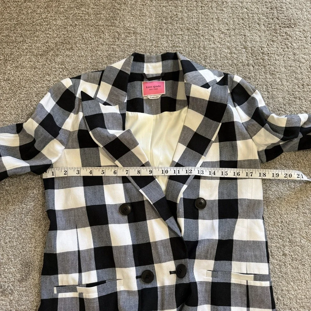 Kate Spade Gingham Linen Blend Double Breasted Blazer 2 Preppy Tailored Black